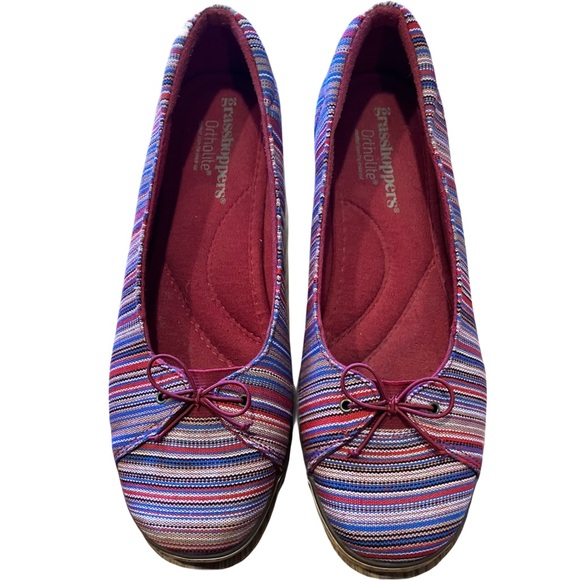 Grasshoppers Ortholite Slip-On Shoes, Sz. 9W, Multi-Color Striped, Cork Wedge - Picture 2 of 10